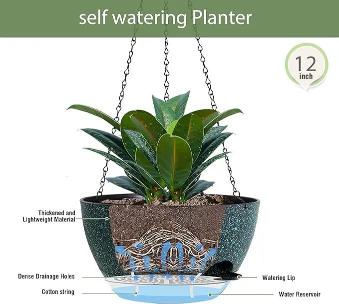 12 Inch Hanging Baskets 2 PC with Chains, Self-Watering Hanging Planters for Indoor Outdoor Plants, Plastic Hanging Flower Pots, Black with Green Speckles by GreenHaven Gardens