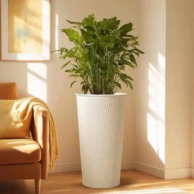 KOL 28" H. Tall Metal Cone Planters with Inner Pots 2-Pack, White Hand-Hammered Large Decor Planter for Deck, Patio, Porch - Handcrafted Flower Pot - with Water Level Indicator - Indoor Outdoor Use by GreenHaven Gardens