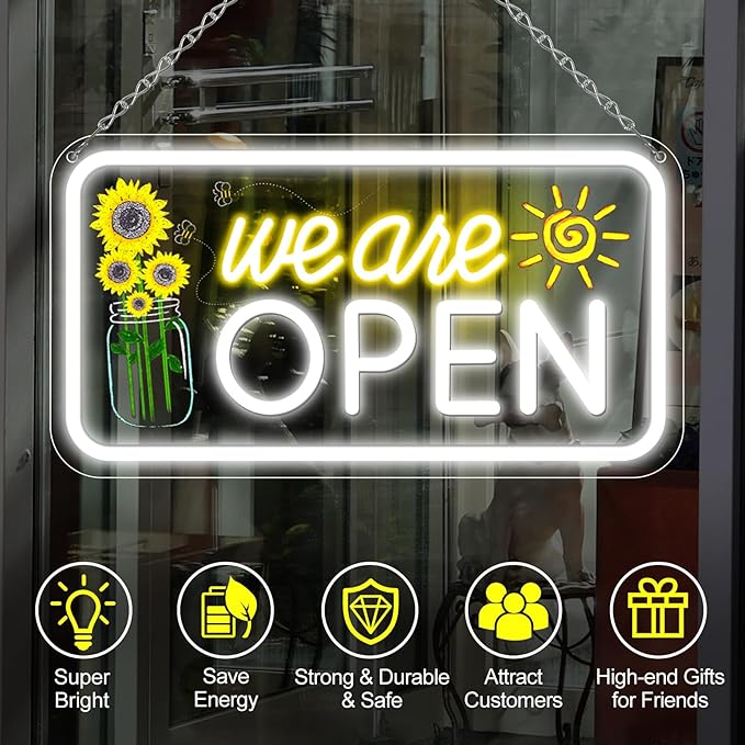 Neon We are Open Signs for Business, 16.5x9'' Open Sign with Printed Flower and Sun, with ON/OFF Switch & Adapter, Daylight White, Ideal for Window, Party, Wall, Bars, Coffee Shops, Salons, Clubs, Hotels by GreenHaven Gardens