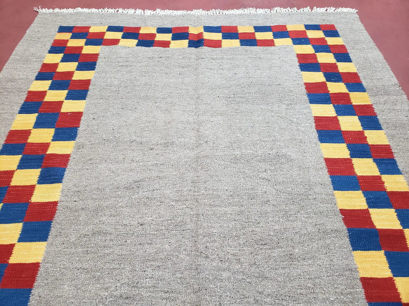 New Turkish Kilim Area Rug, Gray Carpet With Colorful Checker Border, 5'6" x 8", Flatweave Carpet, Playroom Rug, Kids Room Rug, Hand-Knotted by Jewel Rugs