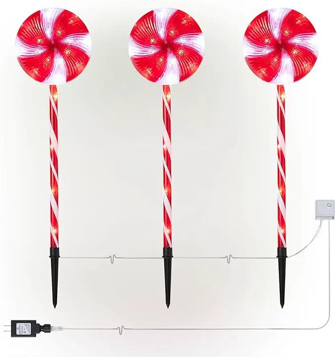 Alpine Corporation 28" H Outdoor Candy Cane Yard Stakes with Red and White LED Lights (Set of 3), Christmas Decoration by GreenHaven Gardens
