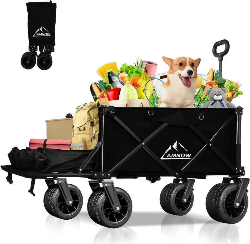 Collapsible Beach Wagon Cart with Big Wheels, 440LBS Upgrade Large Capacity Folding Wagon, Foldable Grocery Cart with Side Pocket and Brakes, Ideal for Sand Camping Outdoor Garden Sports, Black by GreenHaven Gardens