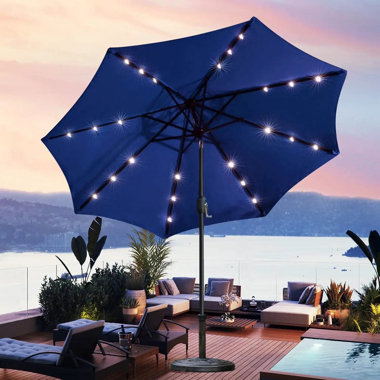 Sunnyglade 9' Solar LED Lighted Patio Umbrella with 8 Ribs/Tilt Adjustment and Crank Lift System (Navy Blue) by GreenHaven Gardens