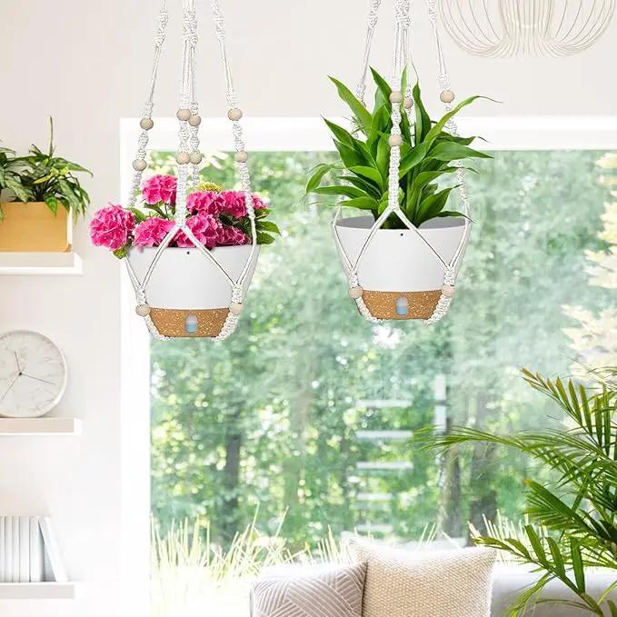 ZMTECH 2 Pack 10 Inch White Hanging Planters with Macrame Plant Hanger for Indoor and Outdoor Plants, Self Watering, Drainage Hole, Visible Level Tray by GreenHaven Gardens
