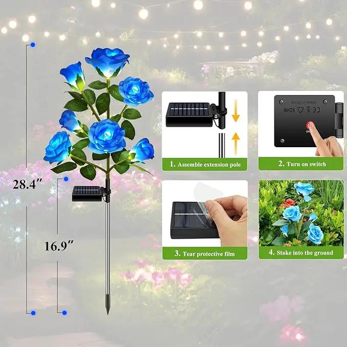 1 Pack Solar Garden Lights Outdoor, 7-Flower Rose Solar Lights for Yard, LED Solar Powered Stake Lights for Patio Pathway Lawn Fence Cemetery, Blue by GreenHaven Gardens