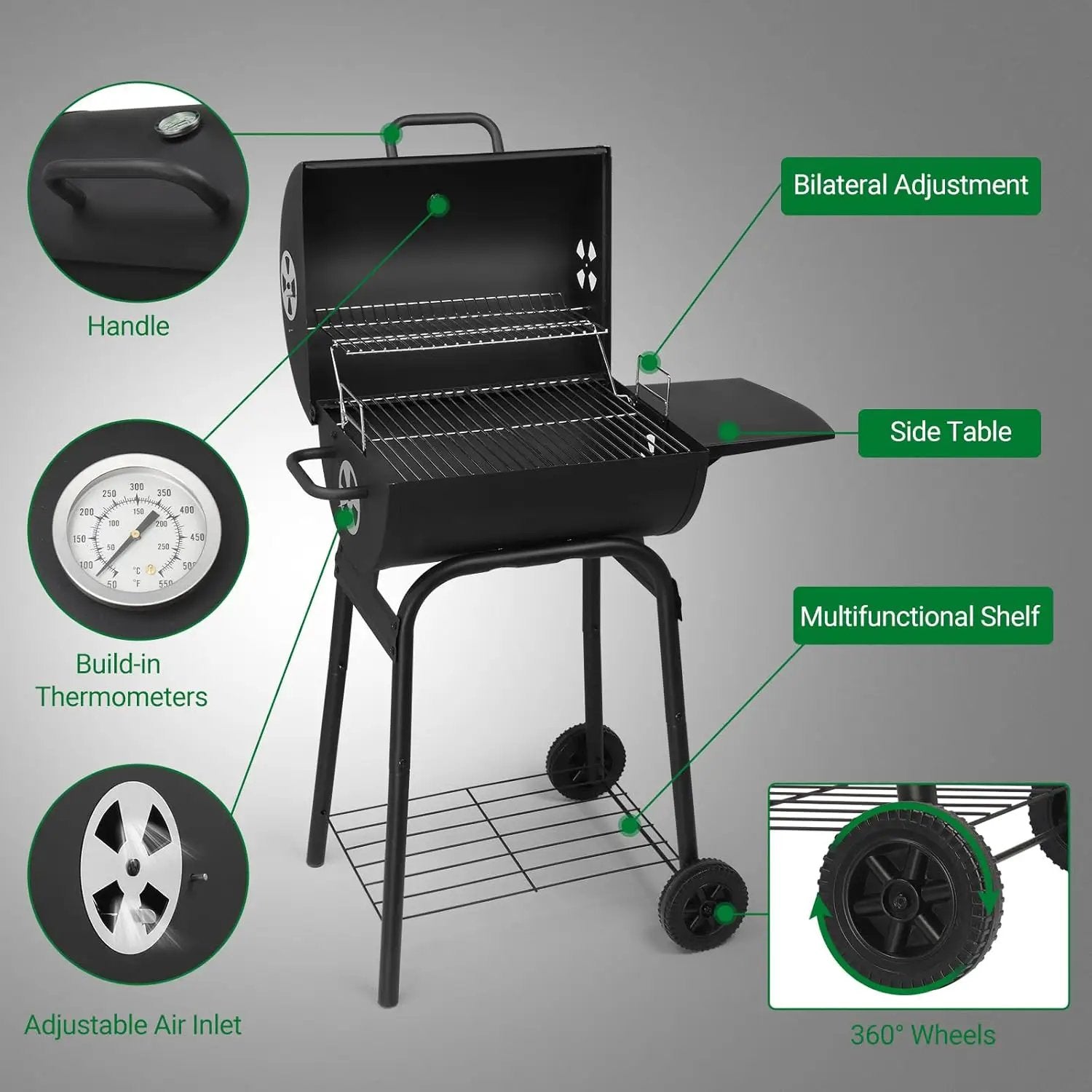 VINGLI Barrel Charcoal Grill with Side Table, BBQ Grill Outdoor Smoker Grill with Wheels for Party Garden Patio and Backyard Cooking by GreenHaven Gardens