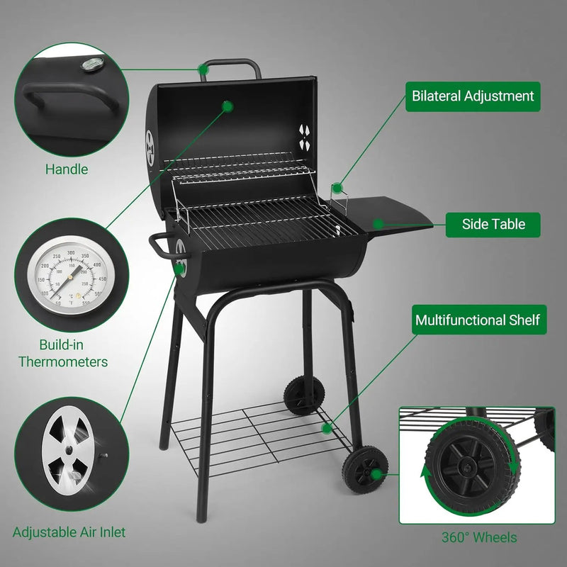 VINGLI Barrel Charcoal Grill with Side Table, BBQ Grill Outdoor Smoker Grill with Wheels for Party Garden Patio and Backyard Cooking by GreenHaven Gardens