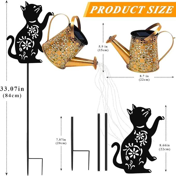 Solar Lights Outdoor Decorative, Watering Can with Cascading Lights, with Cat Silhouette Garden Stakes, Waterproof Metal Garden Decor for Yard Art, Outside, Patio, Lawn Ornaments by GreenHaven Gardens