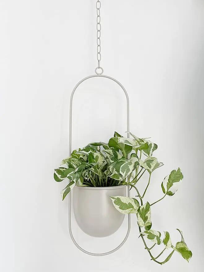 Boho Beige Metal Plant Hanger,Metal Wall and Ceiling Hanging Planter, Modern Planter, Mid Century Flower Pot Plant Holder, Minimalist Planter for Indoor Outdoor Home Decor by GreenHaven Gardens