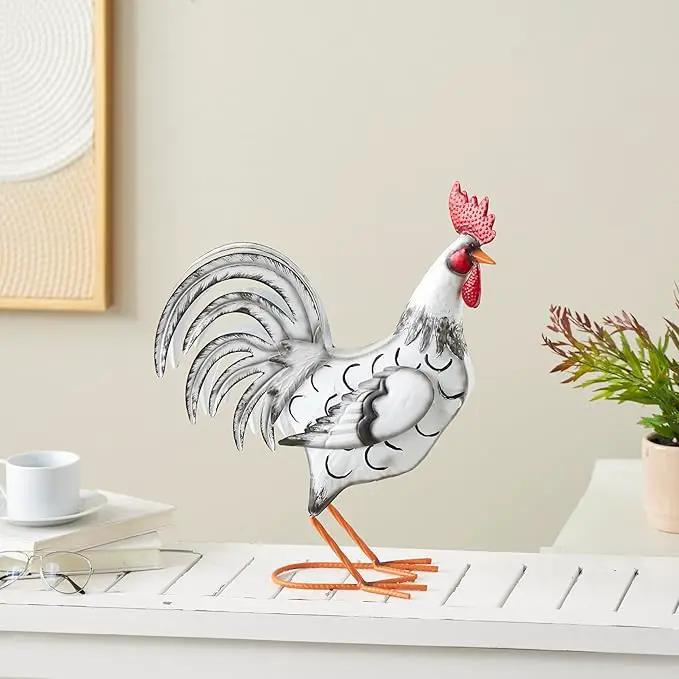 Deco 79 Metal Rooster Decorative Garden Sculpture Garden Statue with Black and Red Accents, Outdoor Sculpture 6" x 16" x 18", White by GreenHaven Gardens