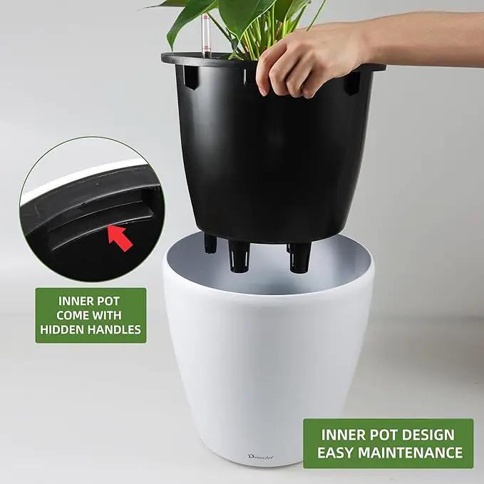 Dexceder 15x14 Self Watering Planter with Wheels Indoor Outdoor, Inner Pot Design, Thickened Large Floor Standing Flower Plant Pot with Water Level Indicator (White Matte) by GreenHaven Gardens