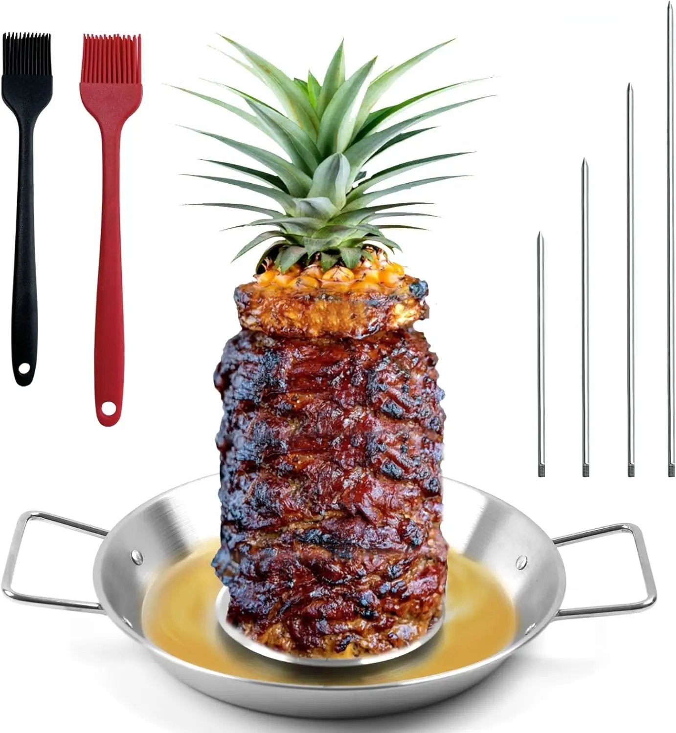 Fengzhe Al Pastor Skewer for Grill: Extra Large 13" Stainless Steel Vertical Skewer, Brazilian Spit Stand with 4 Spikes, 2 Brushes, for Tacos Al Pastor, Shawarma, Kebabs, with Fat Separator Tray by GreenHaven Gardens