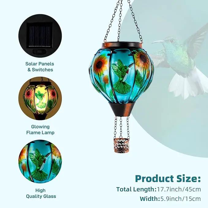 Hummingbird and Sunflower Solar Hot Air Balloon Lantern with Flame, Glass Hot Air Balloon Solar Lantern Outdoor Waterproof, Hanging Solar Lantern for Outside Garden Patio Tree Porch Yard by GreenHaven Gardens