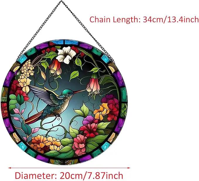 Hummingbirds and Flowers Pattern Suncatcher Stained Glass,Hanging Stained Glass for Windows,20cm/7.87inch Hand-Painted Sun Catcher Garden Hangings Painted Glass Panel Decor Themed Gift by GreenHaven Gardens