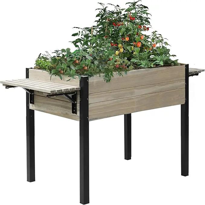 Raised Garden Bed, Metal Leg Wood Planter Boxes with Folding Storage Shelf,Elevated Planter Box for Growing Fresh Herbs, Vegetables, Flowers Great for Outdoor Patio, Deck, Balcony（Gray） by GreenHaven Gardens