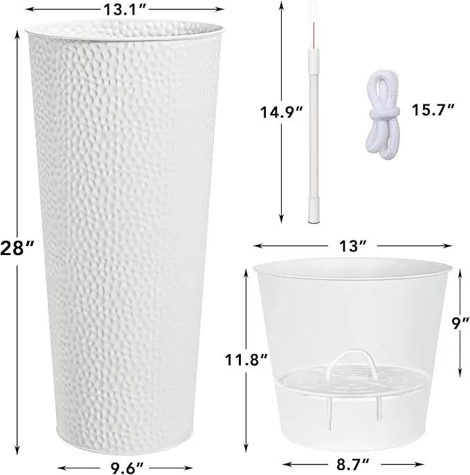 KOL 28" H. Tall Metal Cone Planters with Inner Pots 2-Pack, White Hand-Hammered Large Decor Planter for Deck, Patio, Porch - Handcrafted Flower Pot - with Water Level Indicator - Indoor Outdoor Use by GreenHaven Gardens