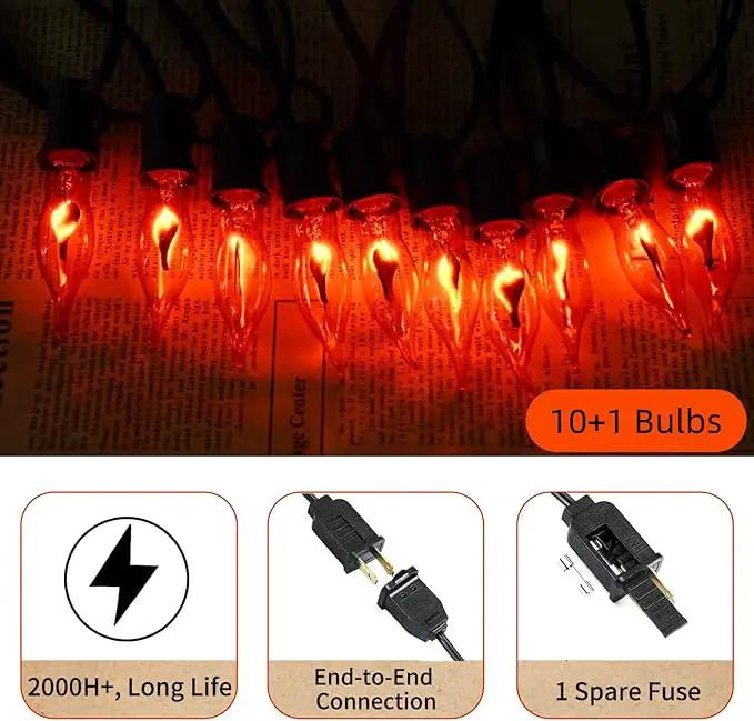 Halloween Lights Flickering Flame String Lights with 12 Pack C7 Orange Flame Light Bulbs (2 Spare), 12.8Ft Orange Flame String Lights for Indoor Outdoor Home Party Yard Halloween Decorations by GreenHaven Gardens