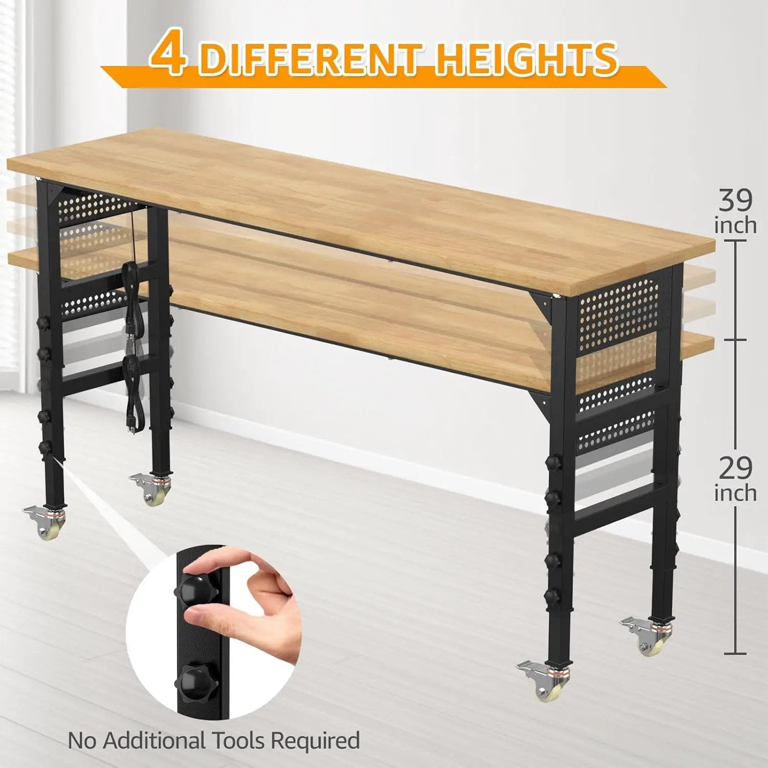 70" Adjustable Workbench,Heavy-Duty Work Table,3000 LBS Load Capacity Hardwood Workstation Outlets with Power Strips, Drawers and Wheels,for Workshop, Garage by GreenHaven Gardens