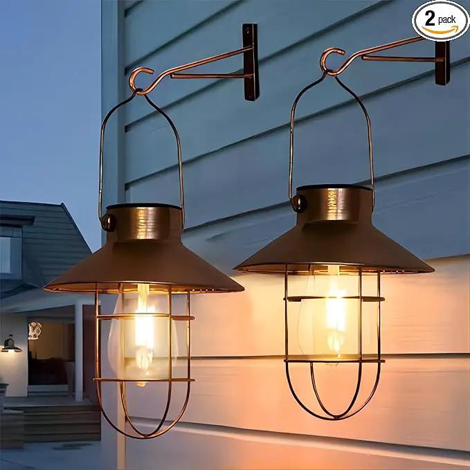 pearlstar Solar Lanterns Outdoor Metal Solar Powered Hanging Lights Waterproof for Barn Wall Yard Garden Patio Garage Balcony Porch Fence Decor, Warm White Edison Bulb (Copper-2pack) by GreenHaven Gardens