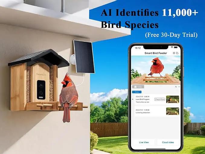 Smart Bird Feeder with Camera for Wild Birds - Identifies 11,000+ Species, Solar Panel Wireless Outdoors Bamboo Birdhouse with Cam, 2K HD Live Video & Instant Alerts - Bird Lover Gifts by GreenHaven Gardens