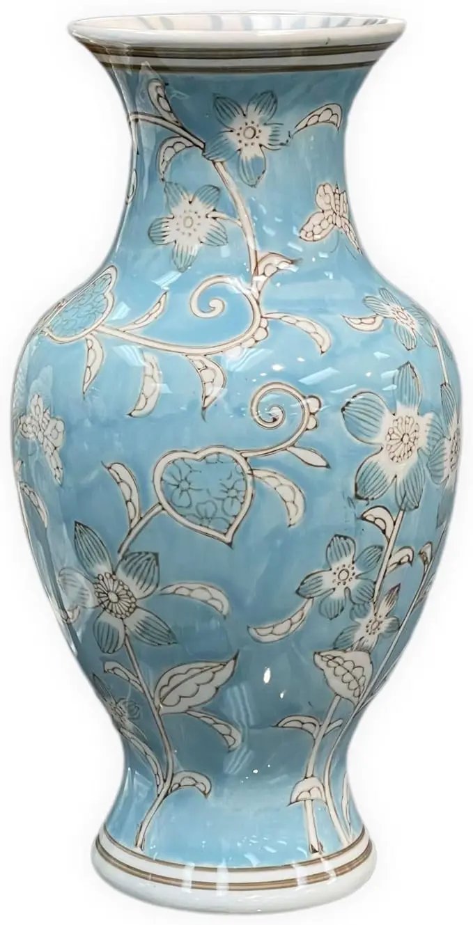 Galt International Light Blue and White Flower & Heart Chinoiserie Ceramic Vase 14"- Hand Painted Antique Style Porcelain Flower Bottle Fishtail Porcelain Chinese Vase for Home Decor Centerpiece by GreenHaven Gardens