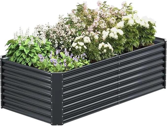 8x4x2ft Galvanized Raised Garden Bed Outdoor, Metal Garden Bed for Vegetables, Above Ground Garden Box for Flower, Steel Raised Beds for Gardening - Dark Gray by GreenHaven Gardens