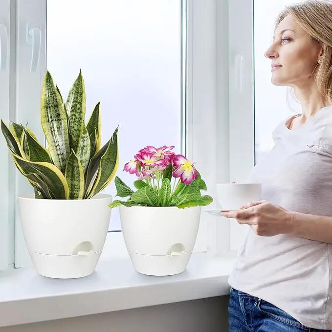 Plant Pots 12/10/9 Inch Self Watering Pots, Set of 3 Plastic Planters with Drainage Holes and Saucers,Plastic Flower Pots,Nursery Planting Pot for Indoor Out Door Plants(Pure White) by GreenHaven Gardens