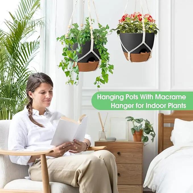 Hanging Planters for Indoor Outdoor Plants, 2 Pack Self Watering Hanging Pot with Drainage Holes, Removable Tray & 2 Kinds of Plant Hangers, 10'' Hanging Flower Pots for Home Garden Decor, Black by GreenHaven Gardens