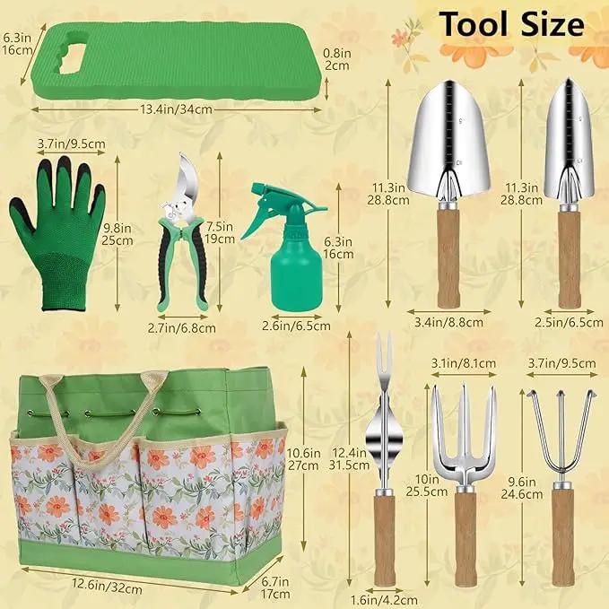 LeMotech Gardening Tools, 10-Piece Heavy Duty Garden Hand Tools Set with Wooden Handle, Durable Fashion Organizer Bag for Garden Supplies, Gardening Gifts for Women Grandmother, Yellow Floral Pattern by GreenHaven Gardens