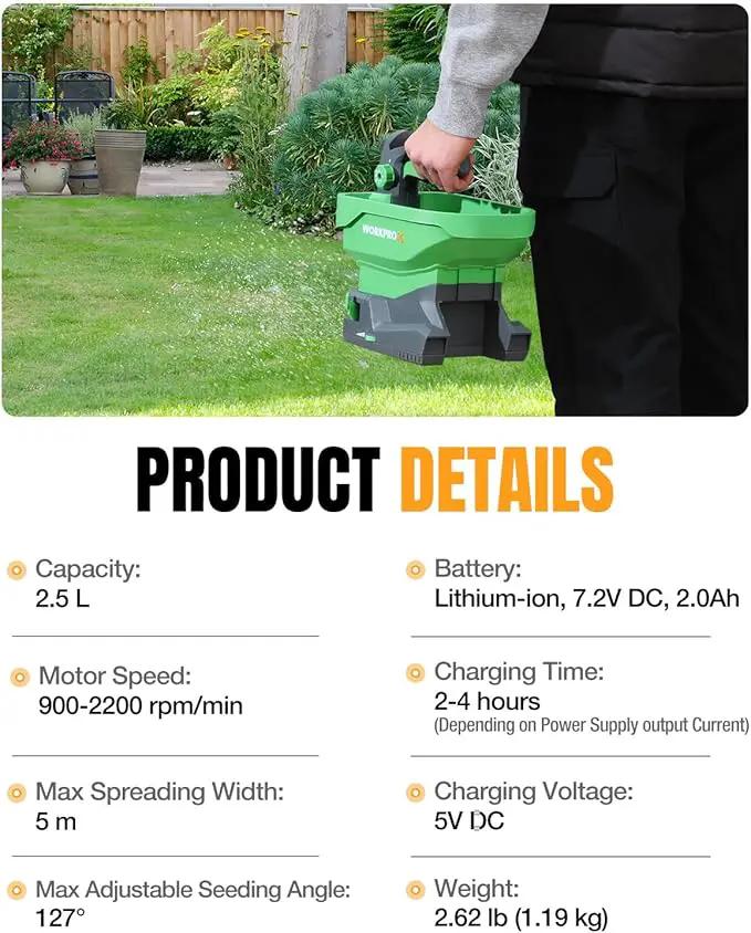 WORKPROX Battery Powered Fertilizer Spreader, 7.2V Seed Spreader for Salt, De-Icer, Earth Food, Rechargeable Grass Seed Spreader with 8-Level Settings and Holds up to 6458 sq.ft. of Product by GreenHaven Gardens