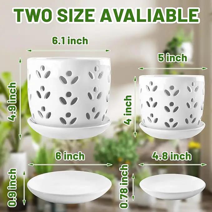 REMIAWY Orchid Pot, 2 Pack Orchid Pots with Drainage Holes and Saucer, 6 Inch and 5 Inch Large Ceramic Planter for Repotting Indoor Plants, Succulent, Decorative, Good Air Circulation, White by GreenHaven Gardens