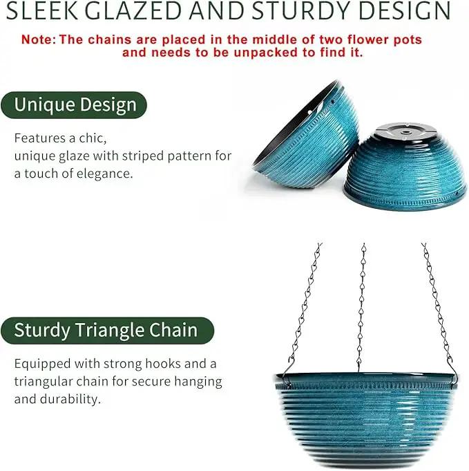 2 Pack Hanging Planters for Indoor Outdoor Plants, 10 Inch Hanging Planter with Drainage Hole & Plug Glazed Hanging Baskets Flower Pots for Garden Home (Blue) by GreenHaven Gardens