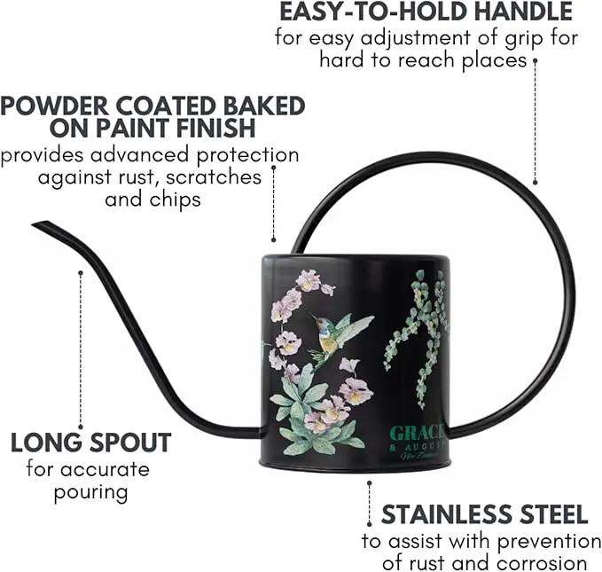 Watering Can for Indoor House Plants - Cute Decorative Metal Gardening Small Water Can for Houseplants & Flowers with Long Spout - 1.5L 51floz 0.4 Gallon (Hummingbird Black) by GreenHaven Gardens