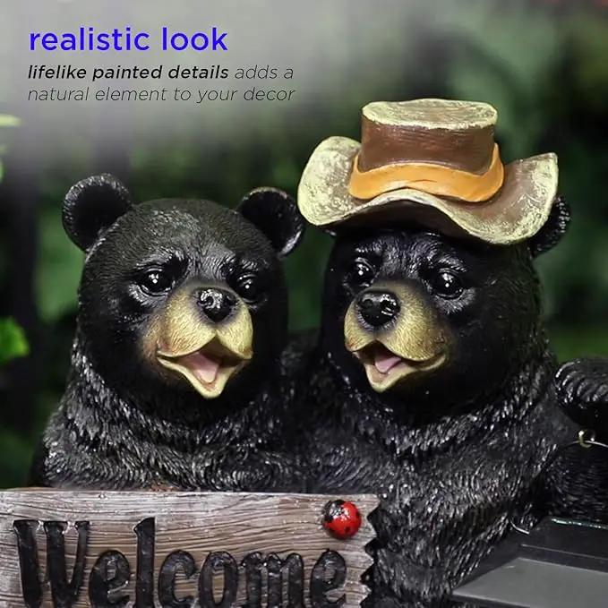 Alpine Corporation 15" Tall Outdoor Bear Couple with Lantern and Welcome Sign Statue with Solar LED Light Yard Art Decoration by GreenHaven Gardens