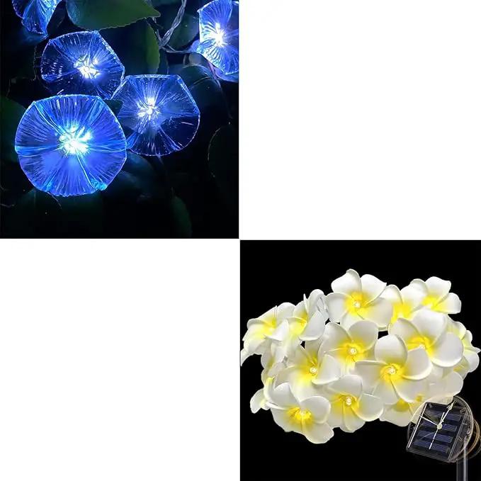 Solar Petunia Blue Morning Glory Flowers and Solar Hawaiian Frangipani Flower String Lights Tropical Flowers by GreenHaven Gardens
