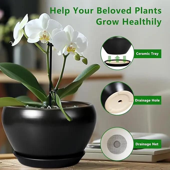 Ceramic Pot for Plants - 11 Inch Plant Pot Indoor with Drainage Hole and Saucer Large Planter Decorative Planter Modern Outdoor Flower Pot for House Balcony Black by GreenHaven Gardens