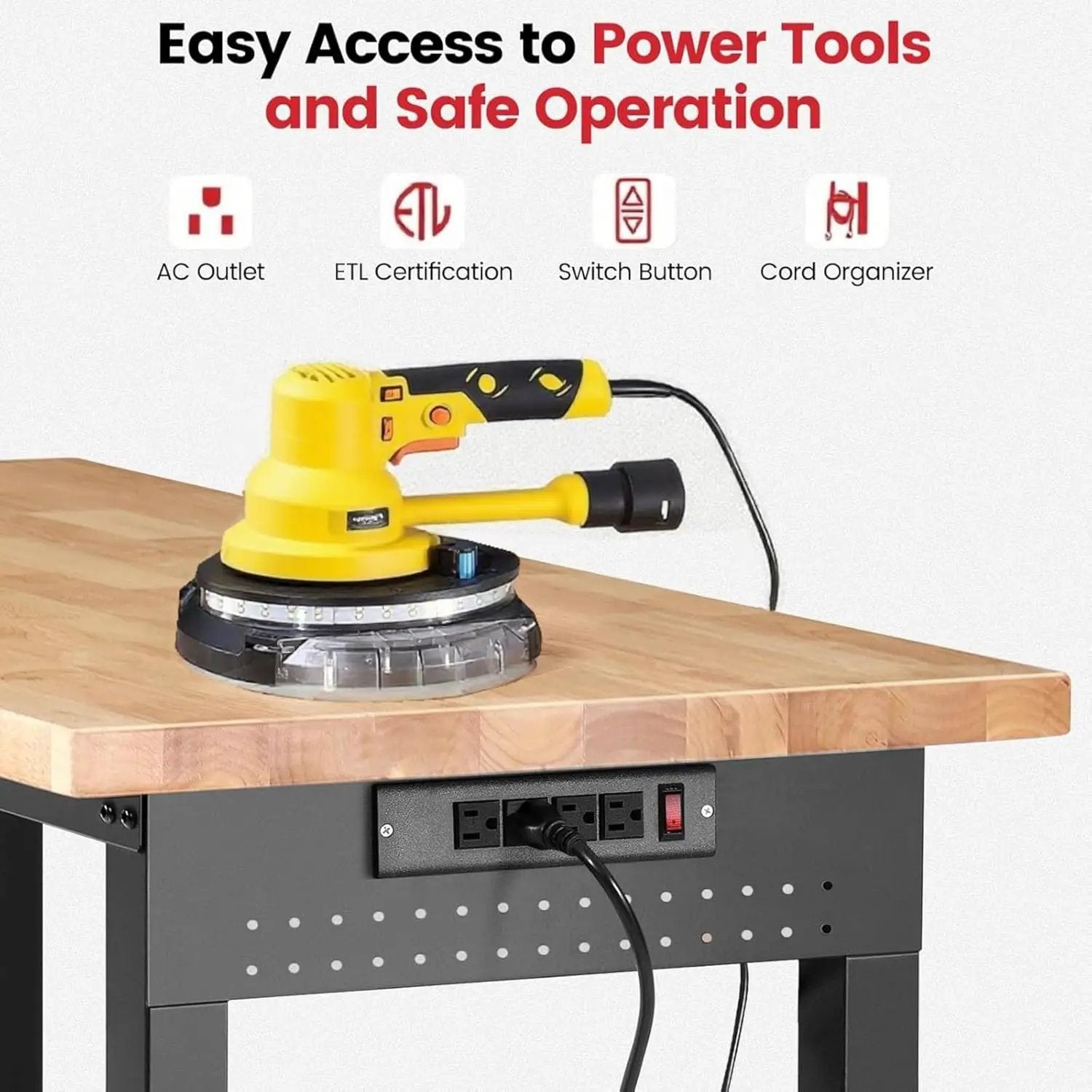 Work Bench with Double Layers 60 x 22 Inch Heavy Duty Rubberwood Tabletop Work Table Adjustable Height Workbench with Wheels, Sided Pegboard, Power Outlets for Garage Home Office by GreenHaven Gardens