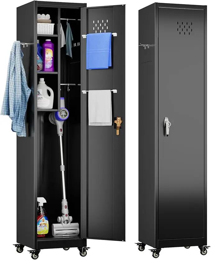 72''H Metal Broom Closet Storage Cabinet with Wheels & Pegboards, Mops Broom Closet Organizer with Locking Door & Hanging Rod,Cleaning Tool Garage Storage Cabinet,Assembly Required,Black by GreenHaven Gardens