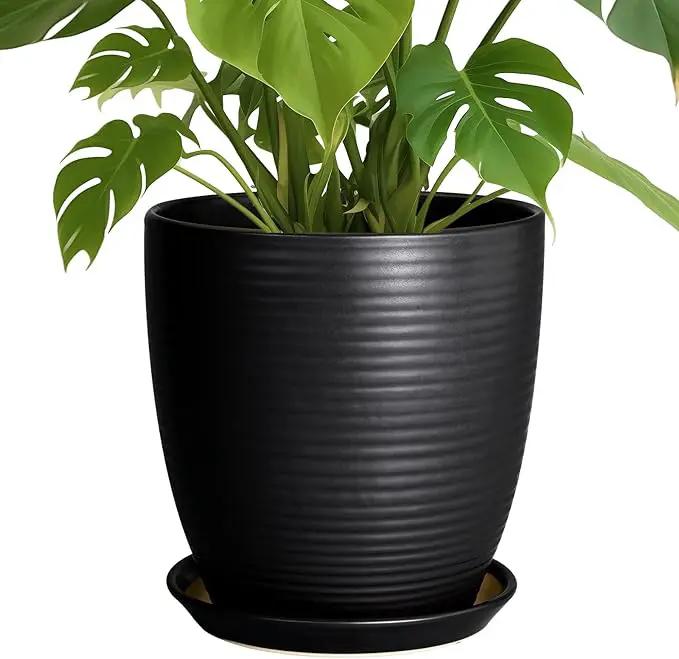 Ceramic Plant Pot 10 Inch - Large Planter Pots for Plants Indoor Outdoor Glazed Round Flower Pot with Drainage Hole and Saucer Black by GreenHaven Gardens