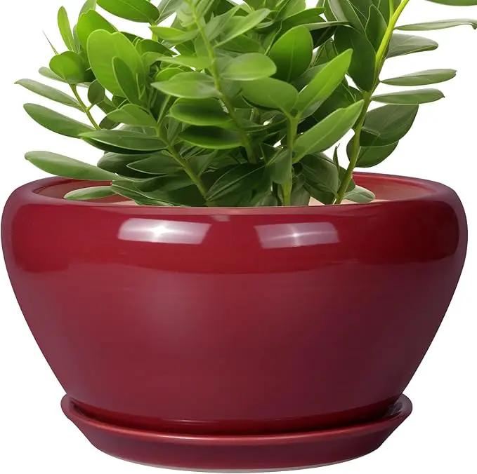 Ceramic Planter - 11 Inch Planter for Outdoor Plants Large Plant Pot Indoor with Drainage Hole and Saucer Round Modern Flower Pot Mid-Century Room Decor Red by GreenHaven Gardens