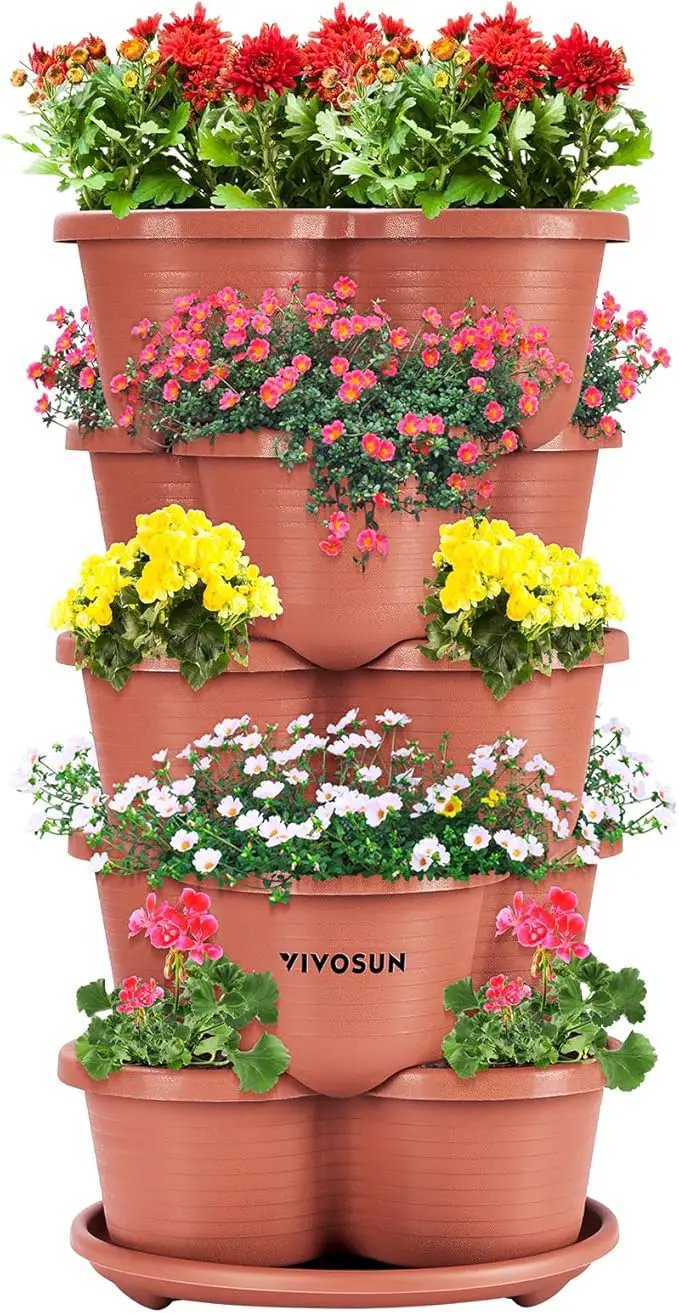 VIVOSUN 5 Tier Vertical Gardening Stackable Planter for Strawberries, Flowers, Herbs, Vegetables, Brown by GreenHaven Gardens