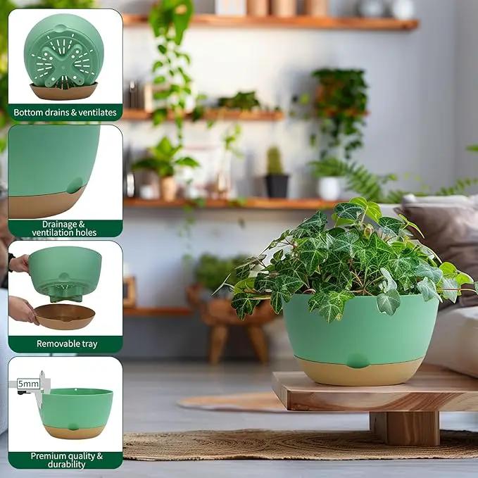 8/10/12 Inch Pots for Indoor Plants, Large Self Watering Planters with Drainage and Saucers, Plastic Outdoor Flower Pot, Set of 3, Green by GreenHaven Gardens