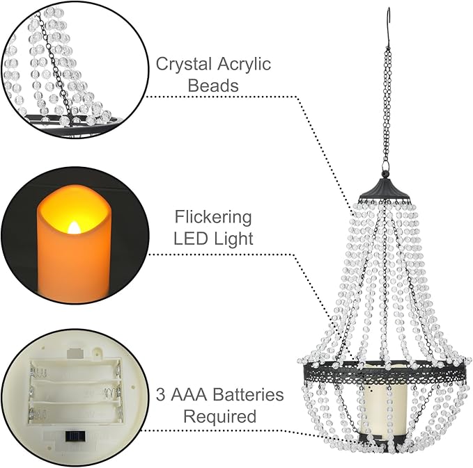 Hanging Candle Chandelier Outdoor, Battery Operated Clear Acrylic Beaded Chandelier with Flickering Led Candle Light S Hooks Modern Lantern for Garden Yard Patio Gazebo Room Indoor Decorations, 27”H by GreenHaven Gardens