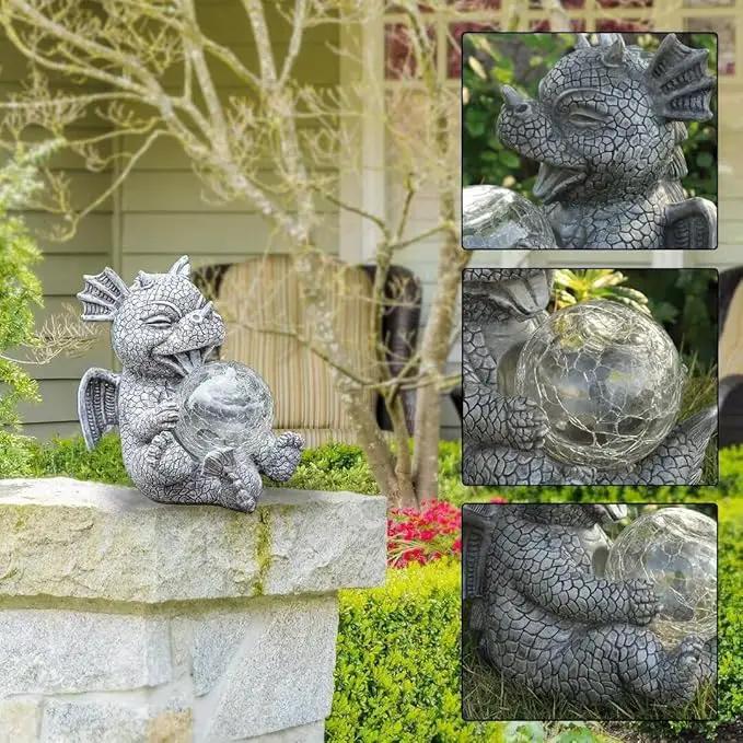 Garden Dragon Statue Outdoor Decor, Baby Resin Figurine Holding Magic Orb With Solar LED Lights, 7.1" for Patio, Lawn & Yard, Summer Gift for Mom by GreenHaven Gardens