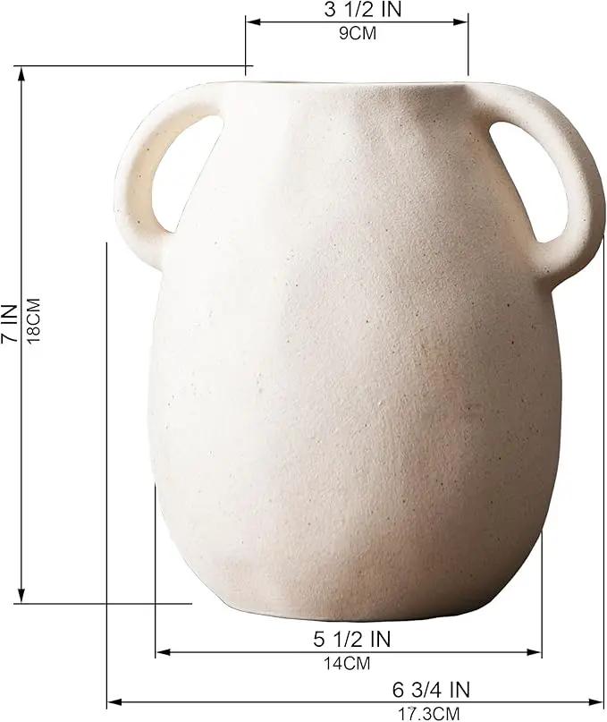 Off-White Ceramic Vase with 2 Handles, Sandstone Texture for Modern Farmhouse Decor, Rustic Pottery, Decorative Flower Vase, Clay Small Vase, Centerpiece for Dining Table - 7 Inch Tall by GreenHaven Gardens