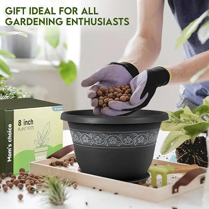 8 Inch Plant Pots with Drainage Hole - Lightweight Flower Pots for Herbs and Flowers - Home Decor Plastic Planters for Indoor Outdoor Plants- Pack of 6 (Black, 8 inch) by GreenHaven Gardens