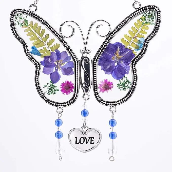 Laraine Butterfly Suncatcher with Pressed Flower Wings Mom Mother's Day Butterfly Glass Wind Chime Ornament Charm with Metal Heart Gifts for Mom Grandma Aunt Birthday (Purple Love (with Free Hook)) by GreenHaven Gardens