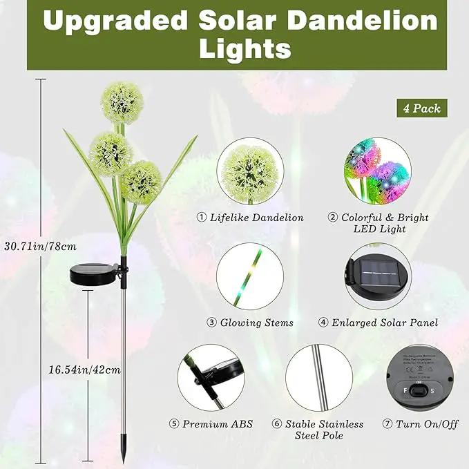 4 Pack Solar Garden Lights, Solar Flowers Lights with 4 Blooming Dandelion Flowers, Waterproof Solar Lights Outdoor for Yard Porch Patio Backyard Pathway Gardening Gifts, 2 Lighting Modes by GreenHaven Gardens