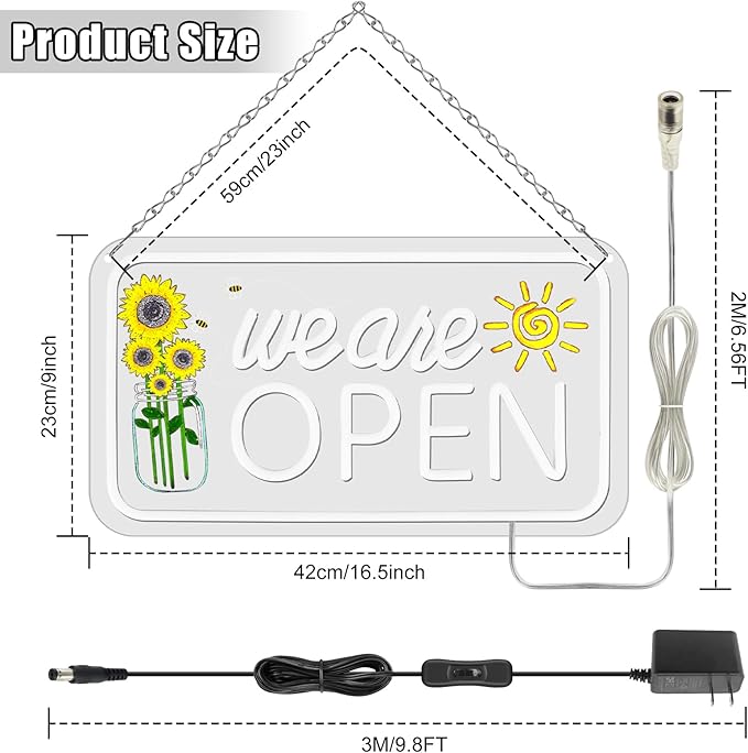 Neon We are Open Signs for Business, 16.5x9'' Open Sign with Printed Flower and Sun, with ON/OFF Switch & Adapter, Daylight White, Ideal for Window, Party, Wall, Bars, Coffee Shops, Salons, Clubs, Hotels by GreenHaven Gardens