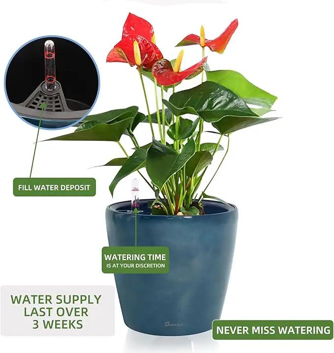 Dexceder 11x10 Inches Self Watering Planter Indoor Outdoor, Inner Pot Design, Thickened Table Flower Plant Pot with Water Level Indicator (Grayish Green Gradient) by GreenHaven Gardens
